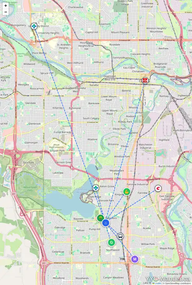 Daily accessibility map for 9228 12 ST SW, Calgary showing nearby schools, grocery stores, parks, LRT stations and nearby amenities