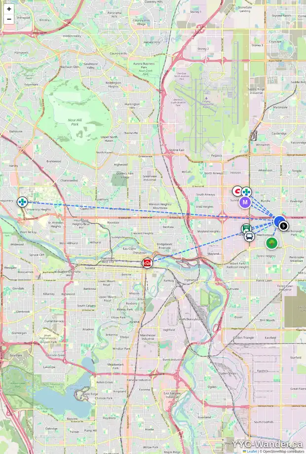 Daily accessibility map for 1516 MARDALE WY NE, Calgary showing nearby schools, grocery stores, parks, LRT stations and nearby amenities