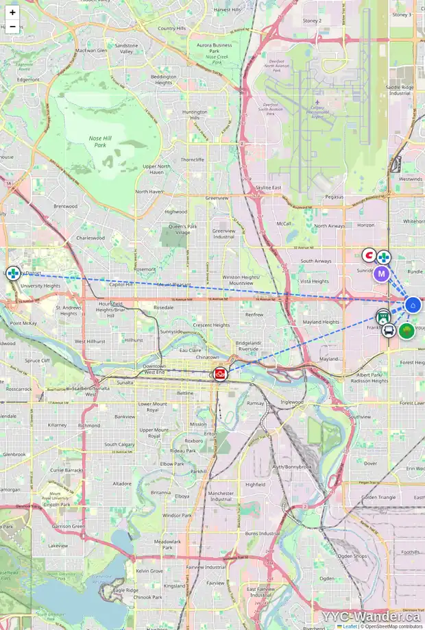 Daily accessibility map for 1468 43 ST NE, Calgary showing nearby schools, grocery stores, parks, LRT stations and nearby amenities