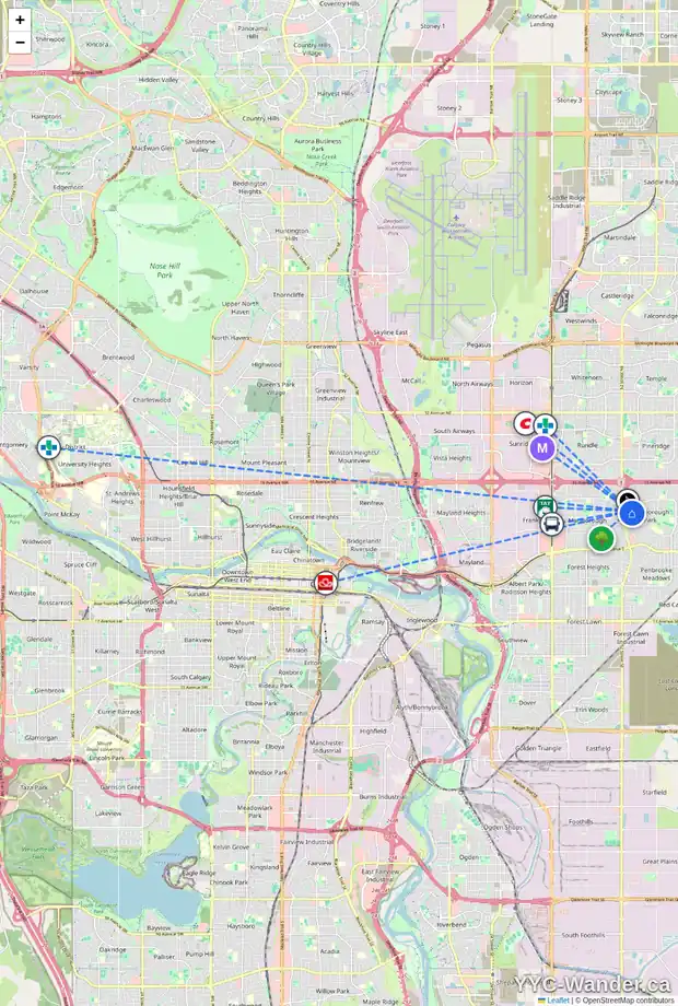 Daily accessibility map for 183 MADEIRA PL NE, Calgary showing nearby schools, grocery stores, parks, LRT stations and nearby amenities