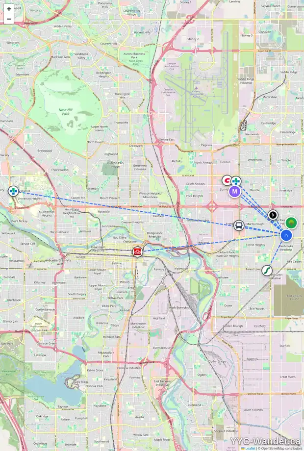 Daily accessibility map for 5912 MADDOCK DR NE, Calgary showing nearby schools, grocery stores, parks, LRT stations and nearby amenities