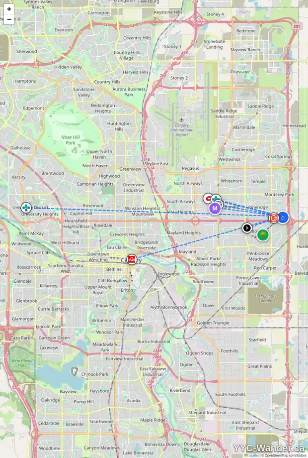 Daily accessibility map for 57 DEL RAY RD NE, Calgary showing nearby schools, grocery stores, parks, LRT stations and nearby amenities