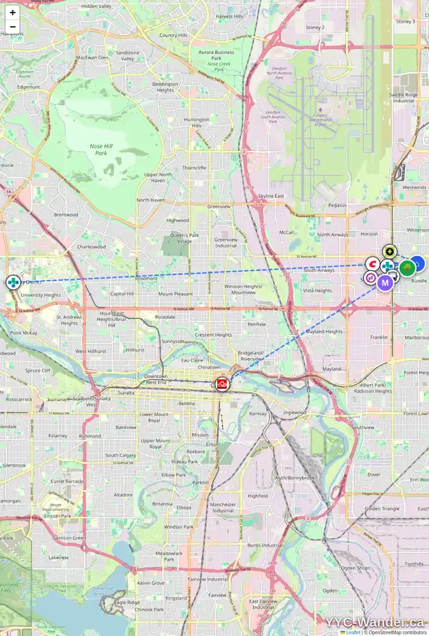Daily accessibility map for 415 RUNDLESON PL NE, Calgary showing nearby schools, grocery stores, parks, LRT stations and nearby amenities