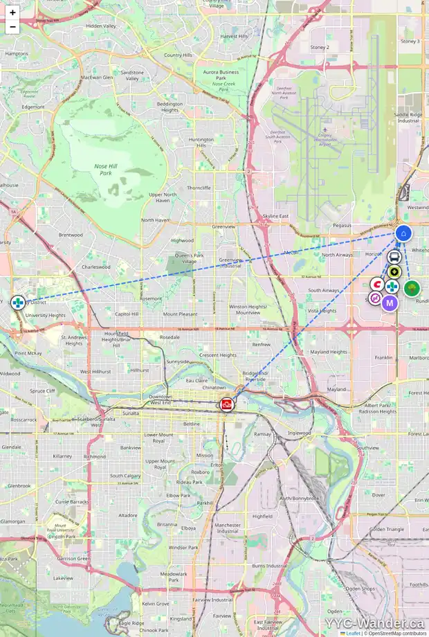 Daily accessibility map for 36 WHITEHAVEN RD NE, Calgary showing nearby schools, grocery stores, parks, LRT stations and nearby amenities