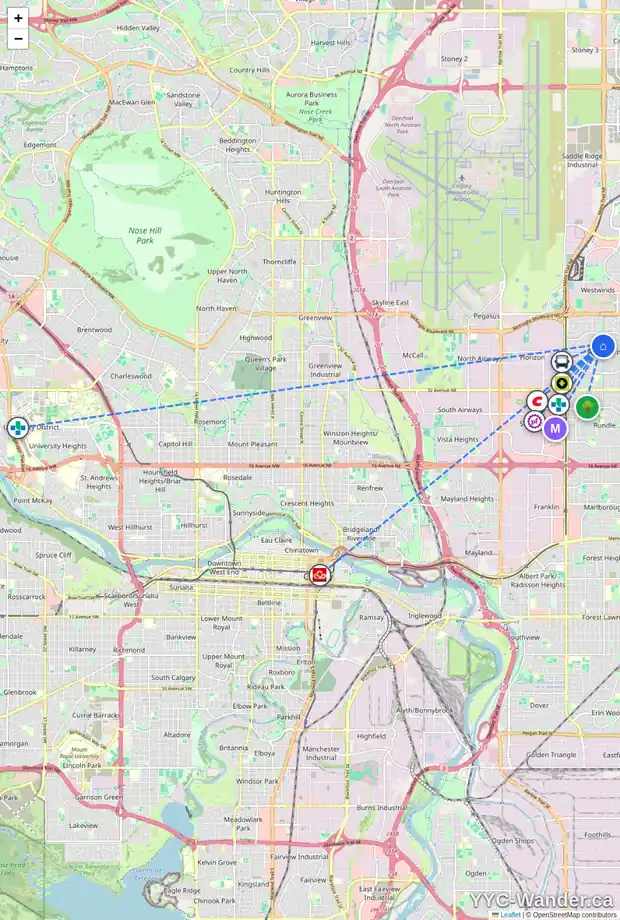 Daily accessibility map for 44 WHITEFIELD CR NE, Calgary showing nearby schools, grocery stores, parks, LRT stations and nearby amenities