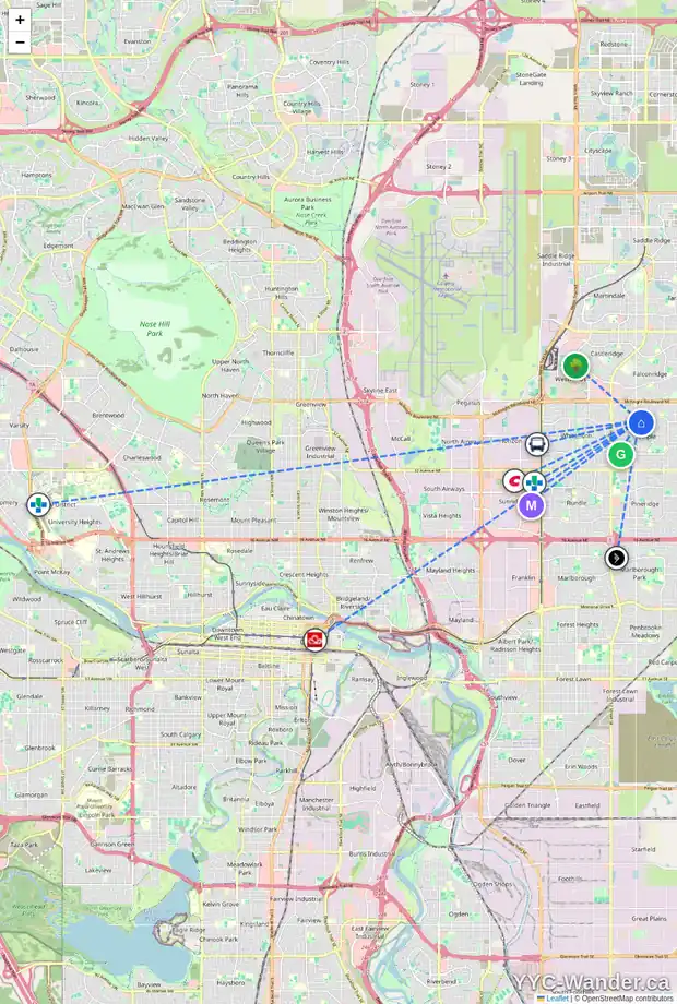 Daily accessibility map for 4415 58 ST NE, Calgary showing nearby schools, grocery stores, parks, LRT stations and nearby amenities
