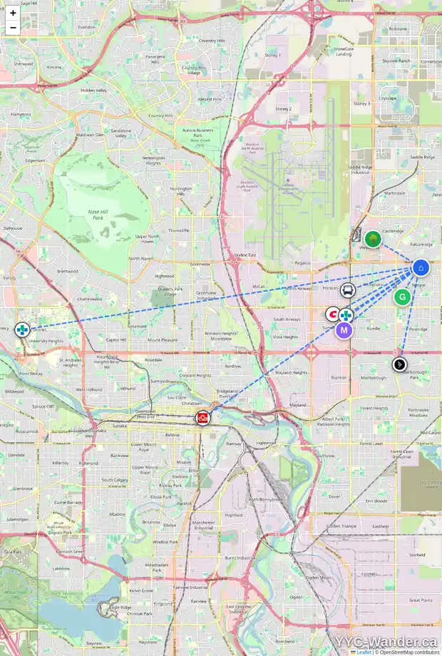 Daily accessibility map for 4810 60 ST NE, Calgary showing nearby schools, grocery stores, parks, LRT stations and nearby amenities