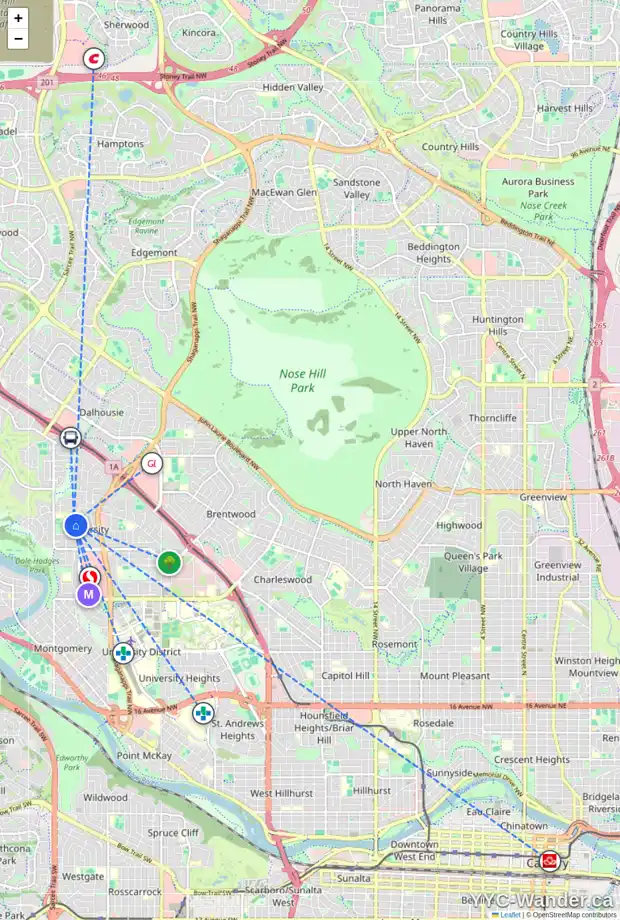 Daily accessibility map for 5220 44 AV NW, Calgary showing nearby schools, grocery stores, parks, LRT stations and nearby amenities