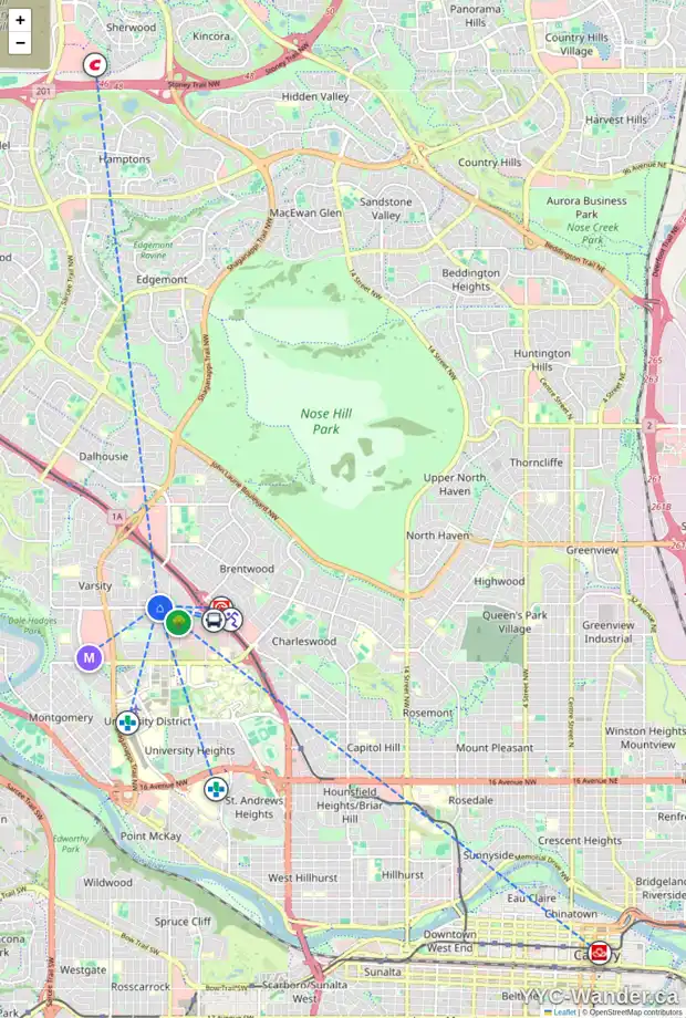 Daily accessibility map for 3908 40 AV NW, Calgary showing nearby schools, grocery stores, parks, LRT stations and nearby amenities