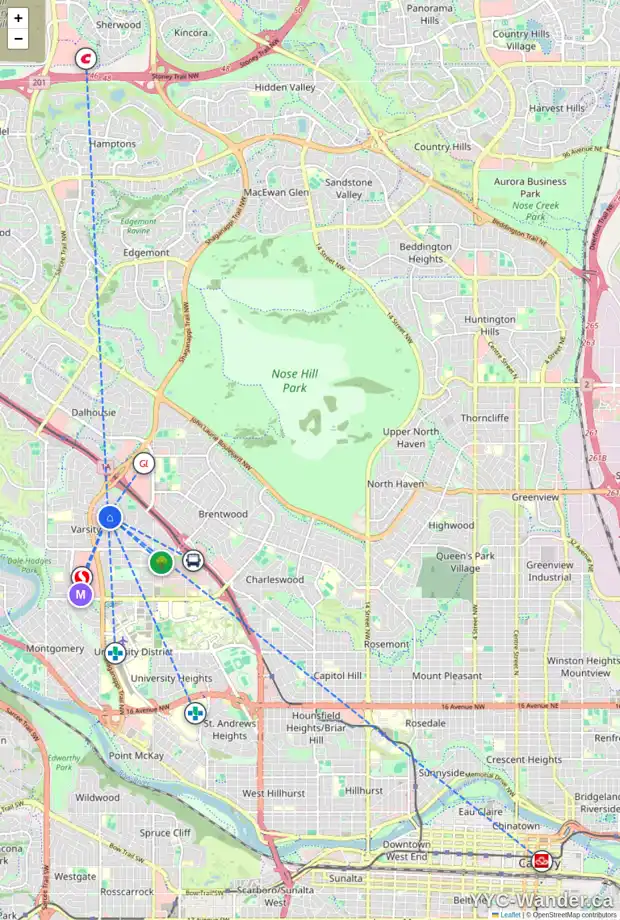 Daily accessibility map for 4512 VARSITY DR NW, Calgary showing nearby schools, grocery stores, parks, LRT stations and nearby amenities