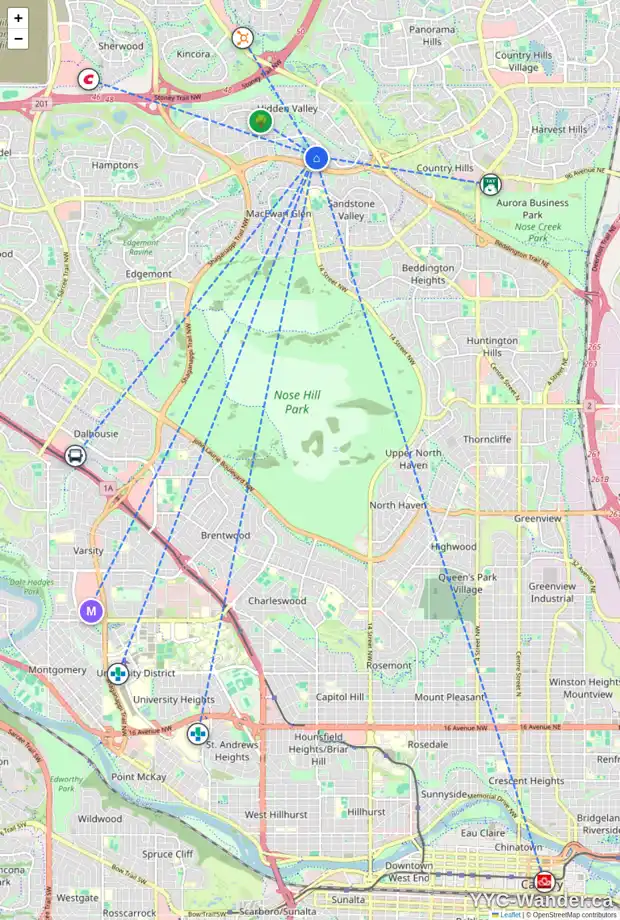 Daily accessibility map for 72 HIDDEN VALE CL NW, Calgary showing nearby schools, grocery stores, parks, LRT stations and nearby amenities