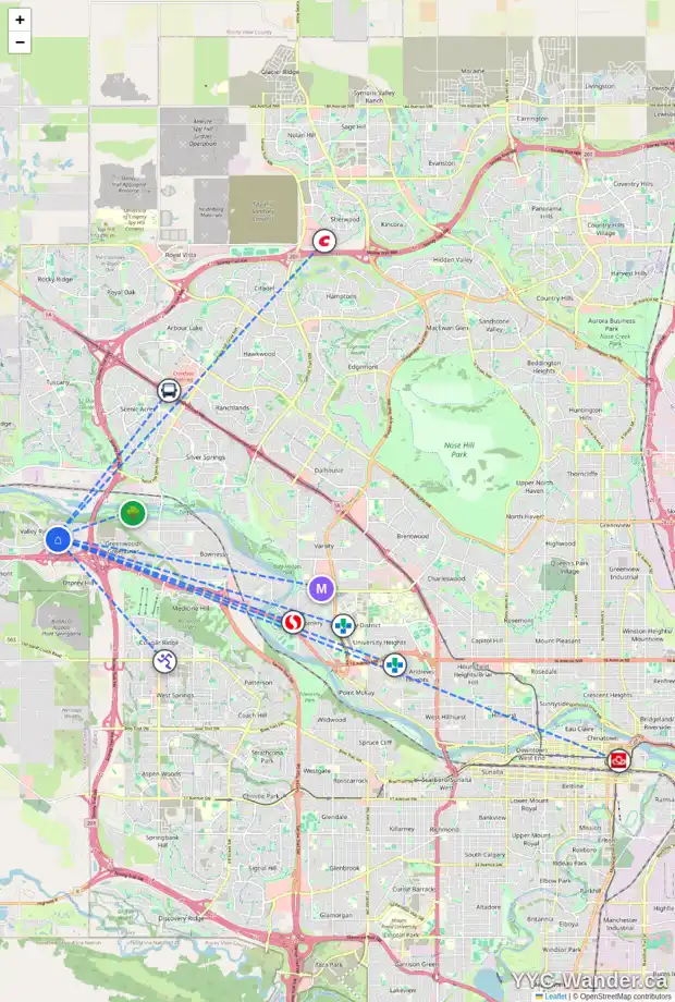 Daily accessibility map for 21 VALLEY MEADOW GD NW, Calgary showing nearby schools, grocery stores, parks, LRT stations and nearby amenities