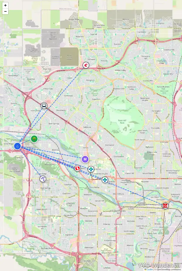 Daily accessibility map for 64 VALLEY MEADOW CR NW, Calgary showing nearby schools, grocery stores, parks, LRT stations and nearby amenities