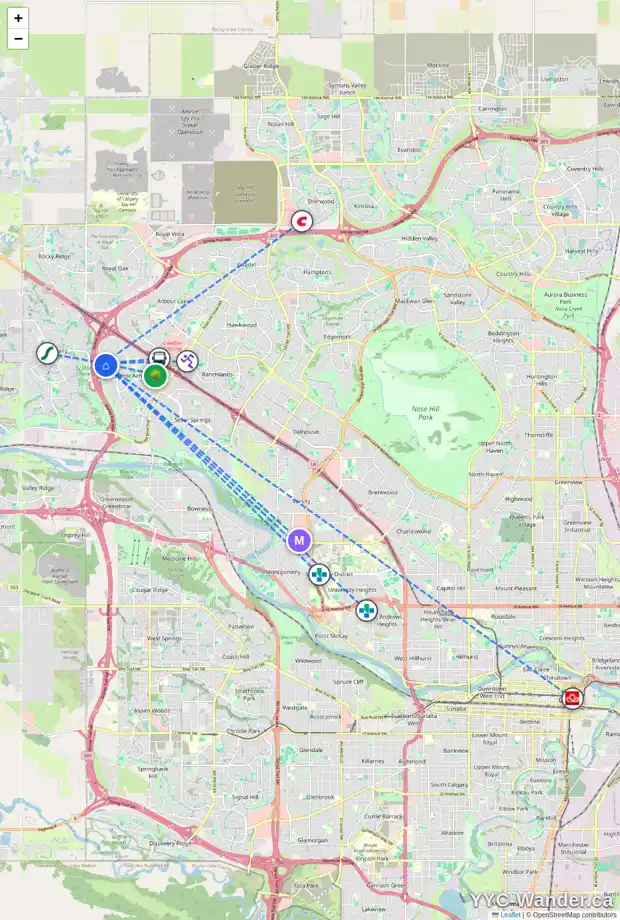 Daily accessibility map for 224 SCHOONER CV NW, Calgary showing nearby schools, grocery stores, parks, LRT stations and nearby amenities