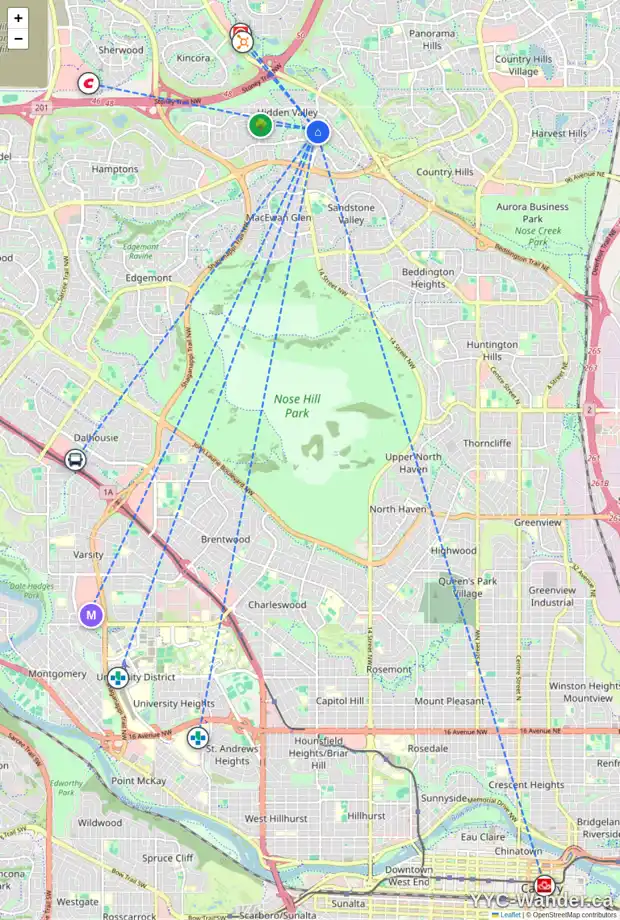 Daily accessibility map for 18 HIDDEN SPRING CO NW, Calgary showing nearby schools, grocery stores, parks, LRT stations and nearby amenities