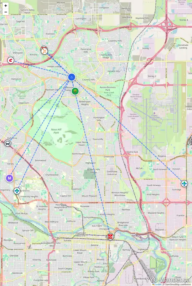 Daily accessibility map for 361 HIDDEN VALLEY PL NW, Calgary showing nearby schools, grocery stores, parks, LRT stations and nearby amenities