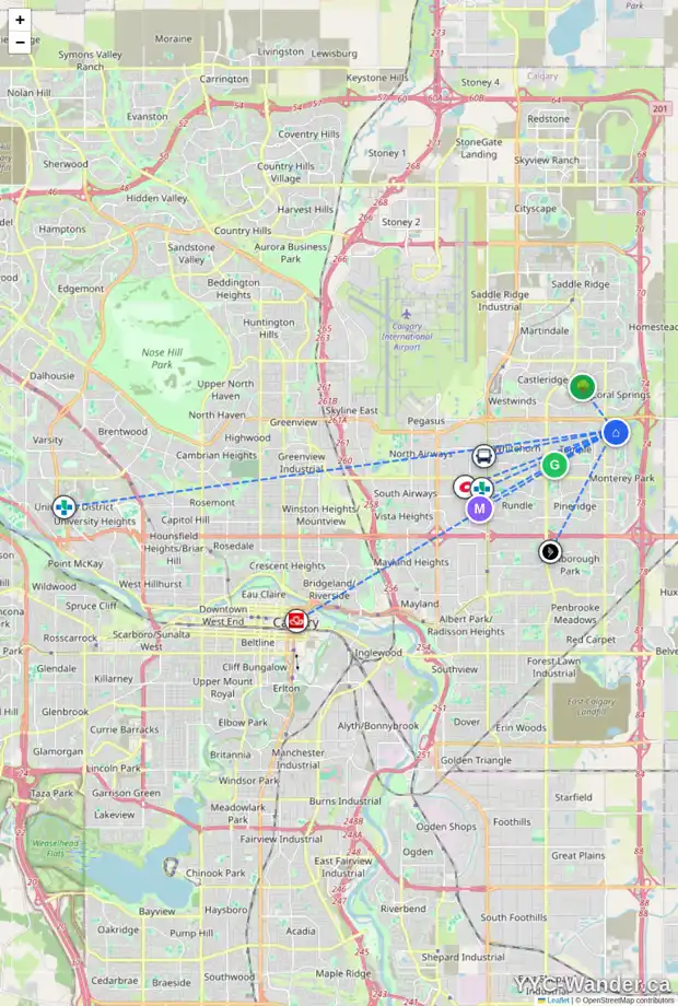 Daily accessibility map for 7999 LAGUNA WY NE, Calgary showing nearby schools, grocery stores, parks, LRT stations and nearby amenities