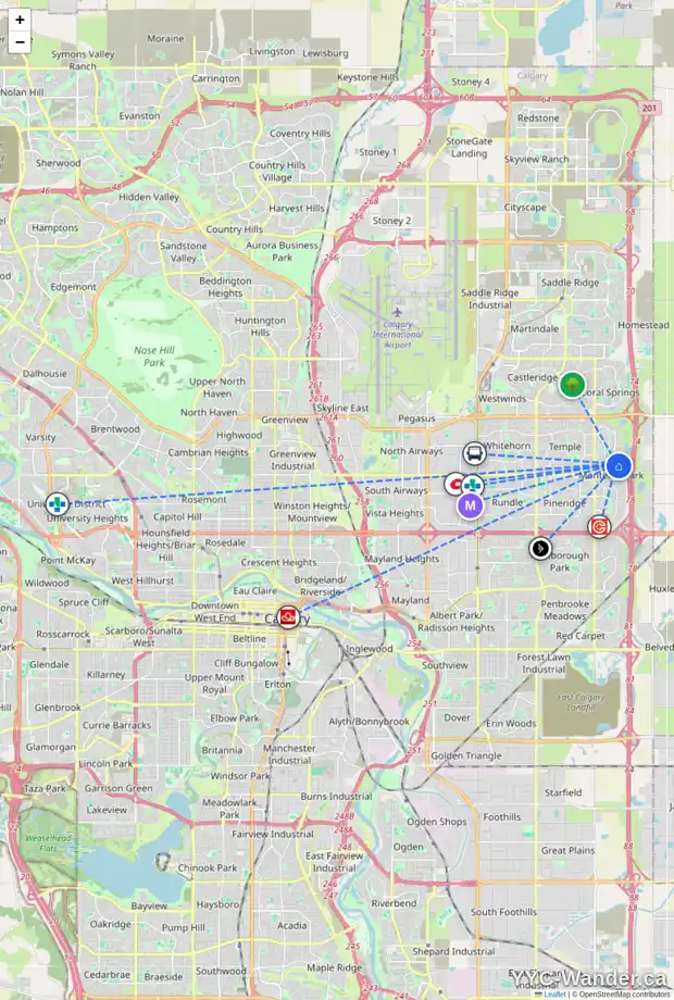 Daily accessibility map for 11 ANAHEIM CR NE, Calgary showing nearby schools, grocery stores, parks, LRT stations and nearby amenities