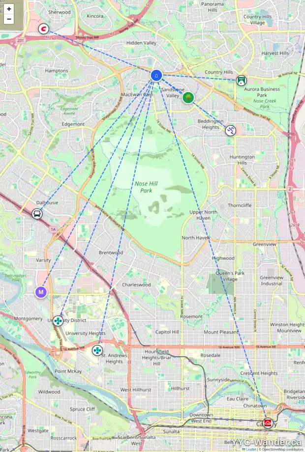Daily accessibility map for 62 388 SANDARAC DR NW, Calgary showing nearby schools, grocery stores, parks, LRT stations and nearby amenities