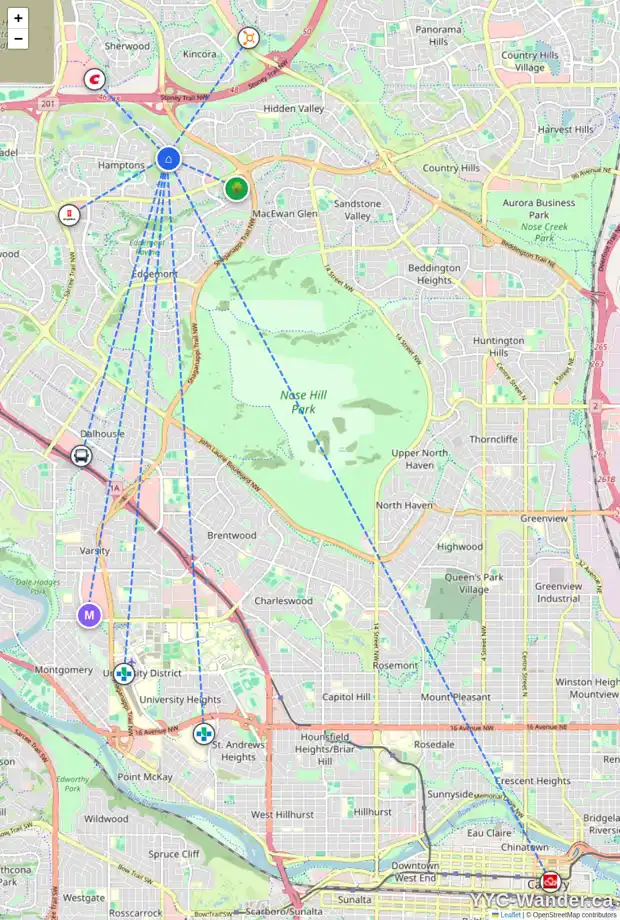 Daily accessibility map for 181 HAMPTONS LI NW, Calgary showing nearby schools, grocery stores, parks, LRT stations and nearby amenities