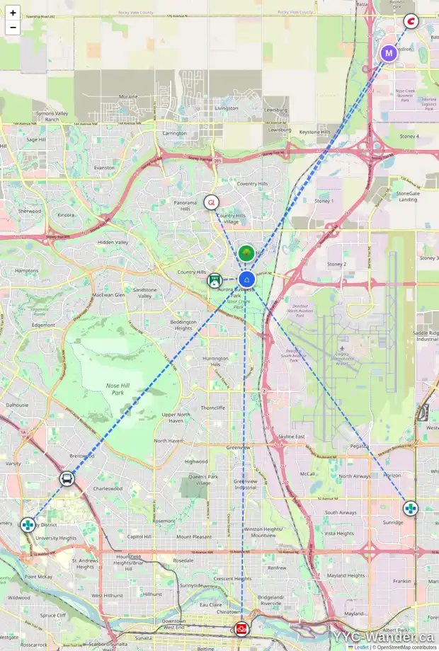 Daily accessibility map for 9707 HARVEST HILLS LI NE, Calgary showing nearby schools, grocery stores, parks, LRT stations and nearby amenities