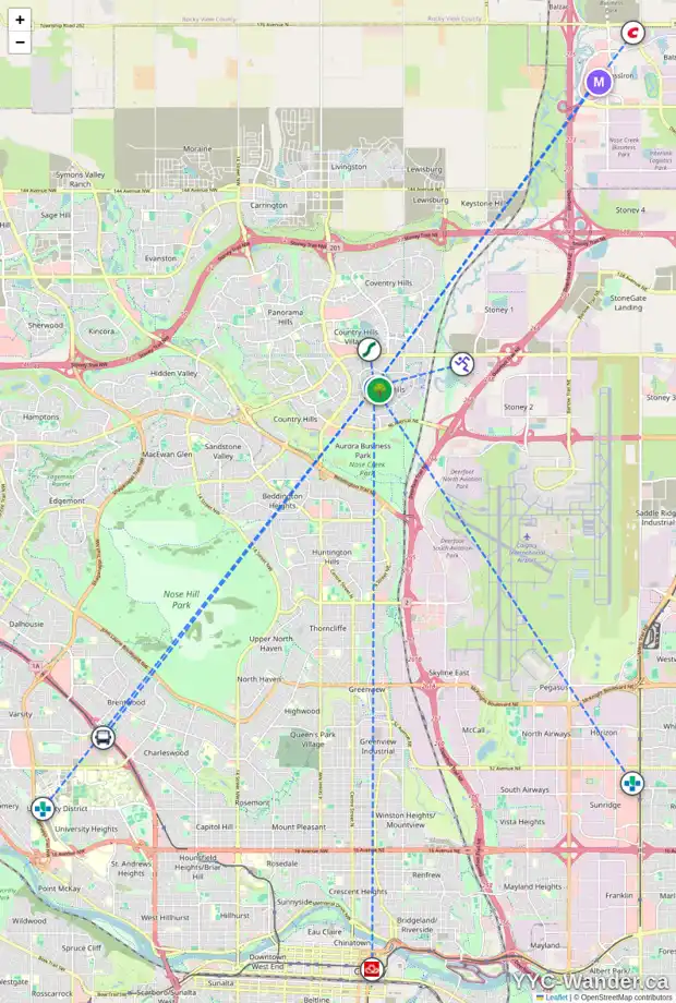 Daily accessibility map for 104 HARVEST PARK WY NE, Calgary showing nearby schools, grocery stores, parks, LRT stations and nearby amenities
