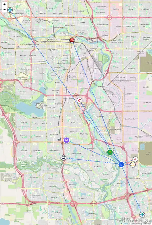 Daily accessibility map for 147 MT DOUGLAS PT SE, Calgary showing nearby schools, grocery stores, parks, LRT stations and nearby amenities