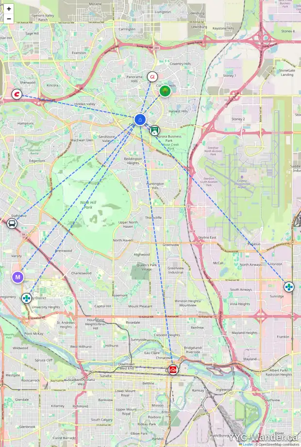 Daily accessibility map for 75 COUNTRY HILLS VW NW, Calgary showing nearby schools, grocery stores, parks, LRT stations and nearby amenities