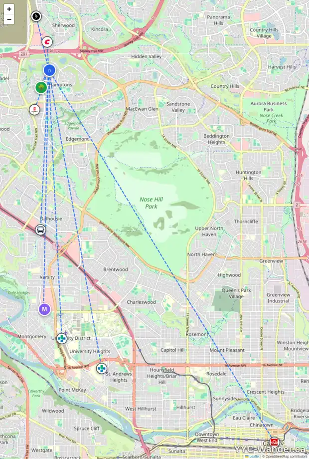 Daily accessibility map for 60 HAMPTONS CV NW, Calgary showing nearby schools, grocery stores, parks, LRT stations and nearby amenities