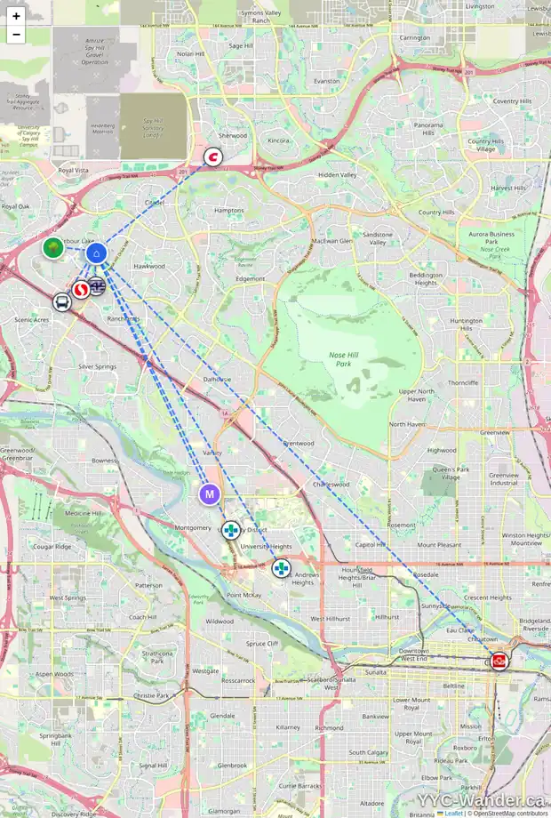Daily accessibility map for 35 ARBOUR VISTA WY NW, Calgary showing nearby schools, grocery stores, parks, LRT stations and nearby amenities