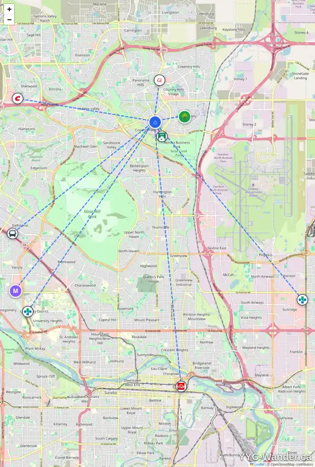 Daily accessibility map for 38 COUNTRY HILLS HT NW, Calgary showing nearby schools, grocery stores, parks, LRT stations and nearby amenities