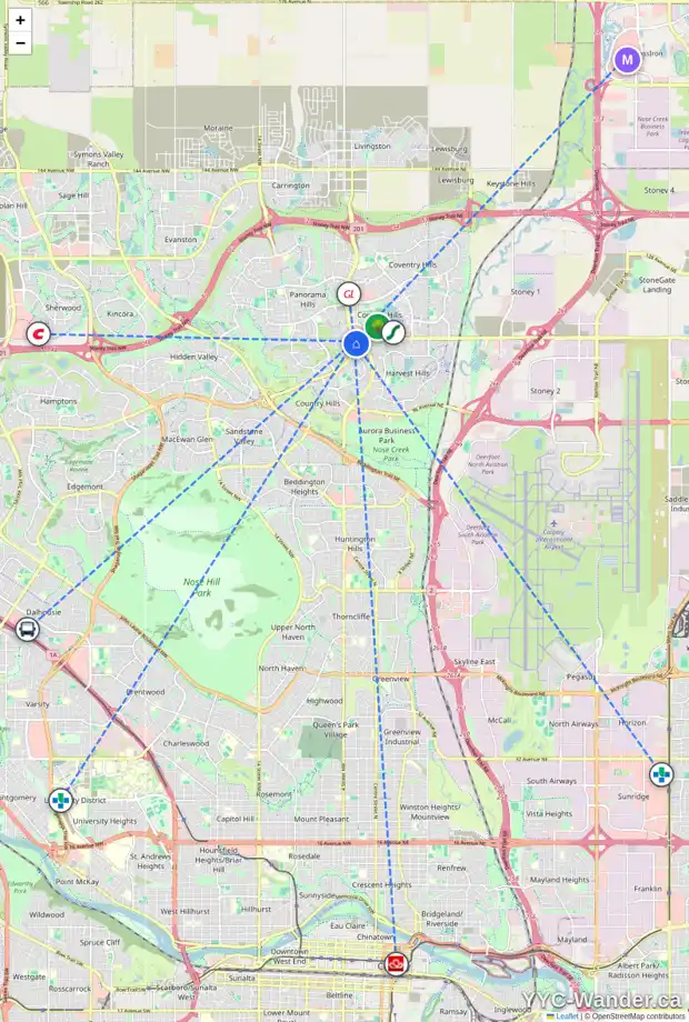 Daily accessibility map for 222 PANORAMA HILLS LN NW, Calgary showing nearby schools, grocery stores, parks, LRT stations and nearby amenities