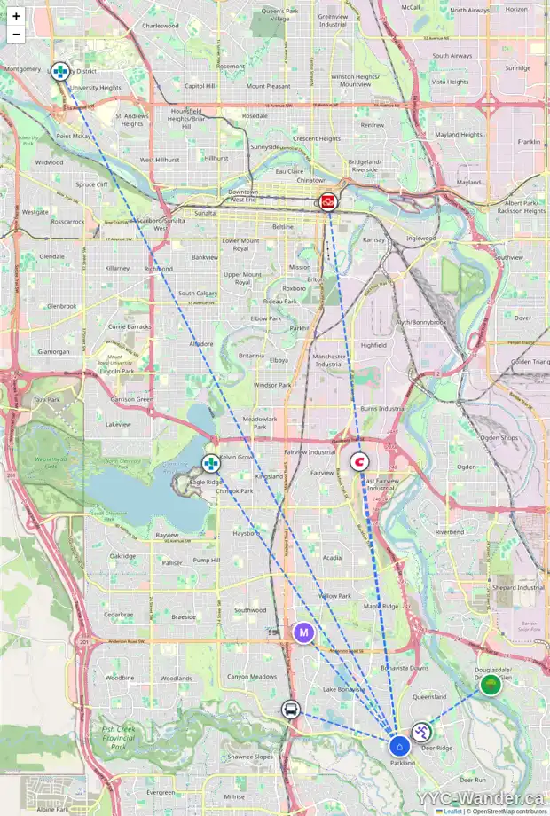Daily accessibility map for 14048 PARKLAND BV SE, Calgary showing nearby schools, grocery stores, parks, LRT stations and nearby amenities