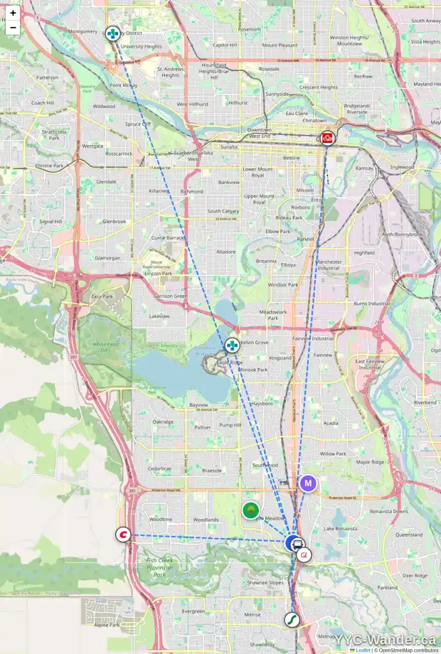 Daily accessibility map for 104 CANNIFF PL SW, Calgary showing nearby schools, grocery stores, parks, LRT stations and nearby amenities