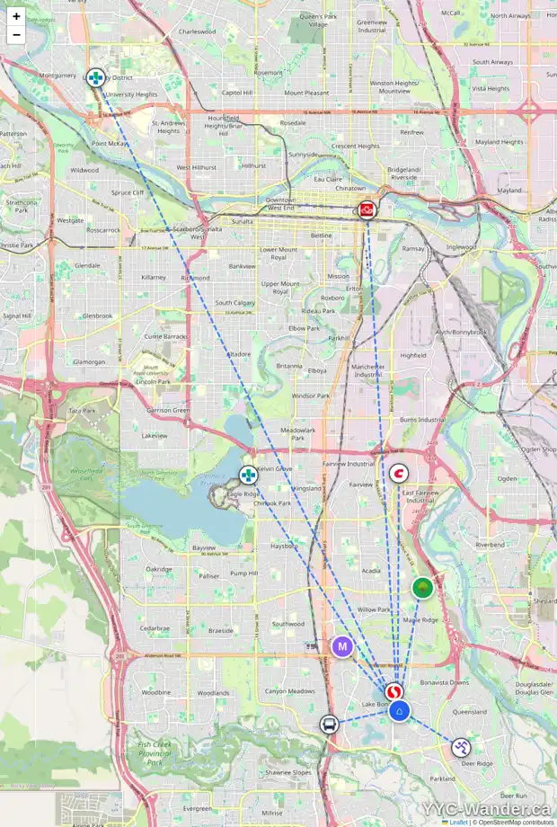 Daily accessibility map for 784 LAKE TWINTREE CR SE, Calgary showing nearby schools, grocery stores, parks, LRT stations and nearby amenities