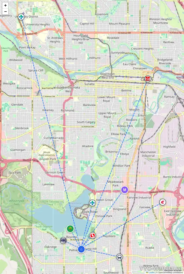 Daily accessibility map for 220 PUMP HILL GD SW, Calgary showing nearby schools, grocery stores, parks, LRT stations and nearby amenities