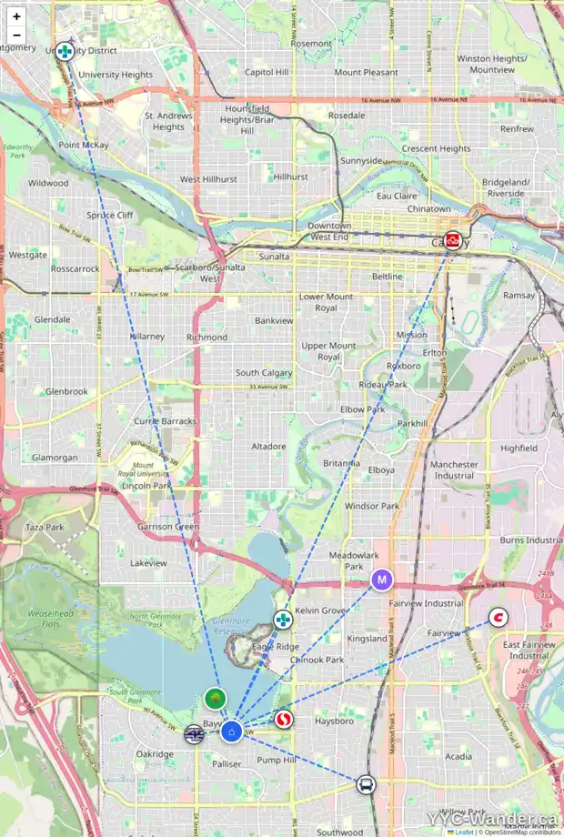 Daily accessibility map for 8943 BAYLOR CR SW, Calgary showing nearby schools, grocery stores, parks, LRT stations and nearby amenities