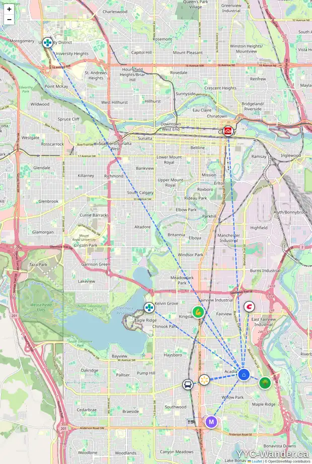 Daily accessibility map for 624 AVERY PL SE, Calgary showing nearby schools, grocery stores, parks, LRT stations and nearby amenities