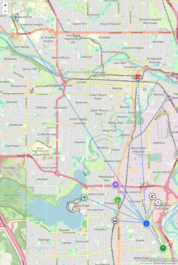 Daily accessibility map for 8604 ASHWORTH RD SE, Calgary showing nearby schools, grocery stores, parks, LRT stations and nearby amenities