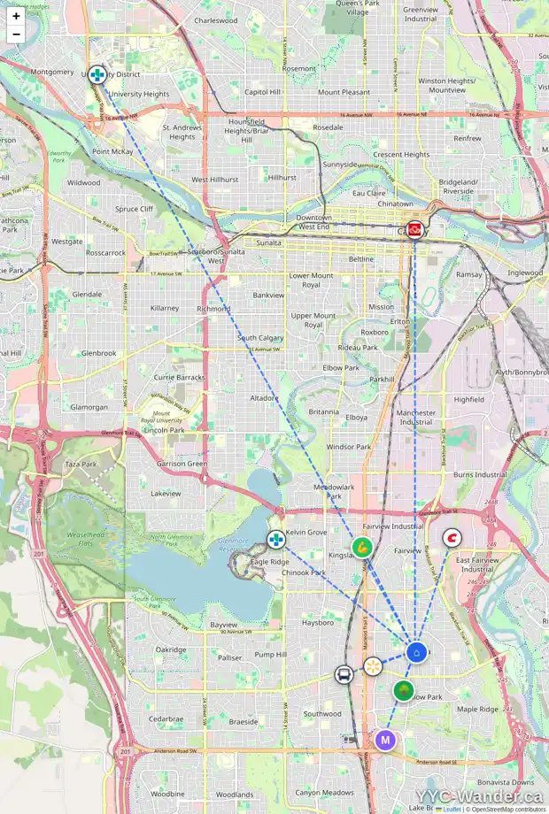 Daily accessibility map for 43 ARBOUR CR SE, Calgary showing nearby schools, grocery stores, parks, LRT stations and nearby amenities