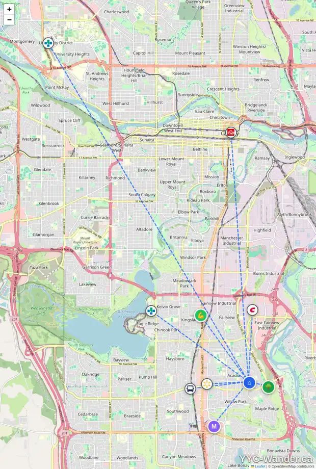 Daily accessibility map for 9748 ACADEMY DR SE, Calgary showing nearby schools, grocery stores, parks, LRT stations and nearby amenities