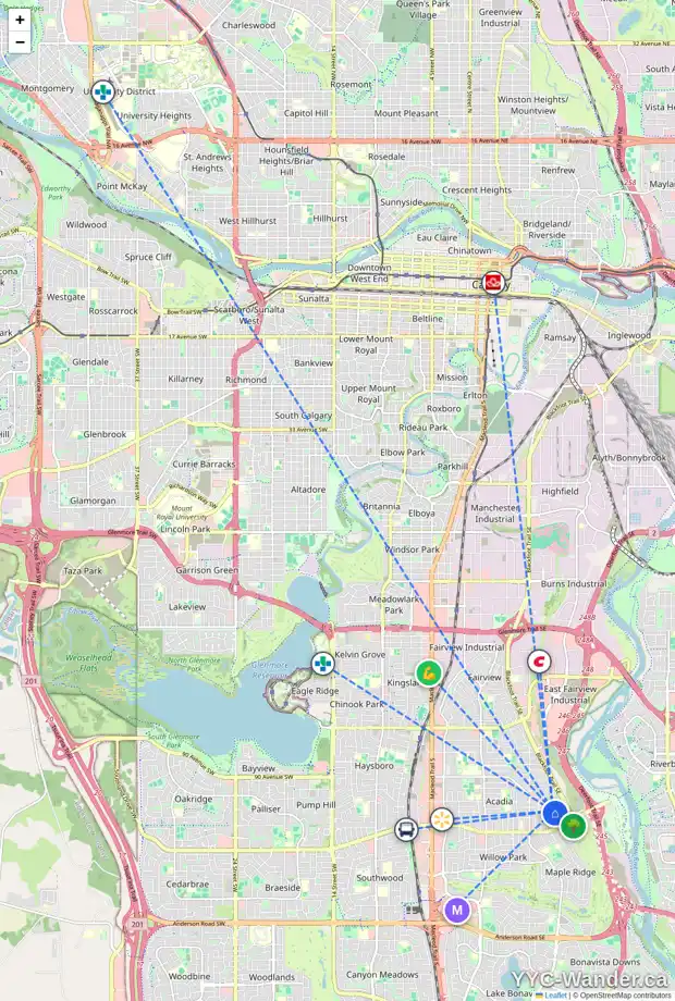 Daily accessibility map for 9604 ACADEMY DR SE, Calgary showing nearby schools, grocery stores, parks, LRT stations and nearby amenities