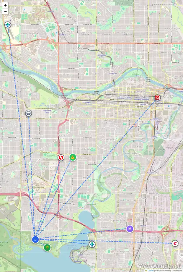 Daily accessibility map for 6902 LIVINGSTONE DR SW, Calgary showing nearby schools, grocery stores, parks, LRT stations and nearby amenities