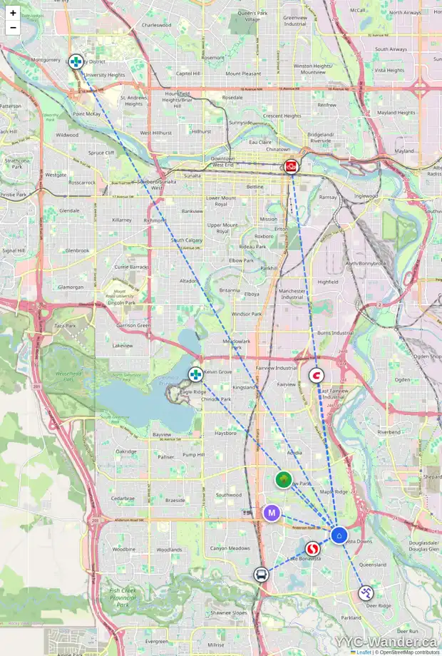 Daily accessibility map for 155 LAKE WAPTA RI SE, Calgary showing nearby schools, grocery stores, parks, LRT stations and nearby amenities
