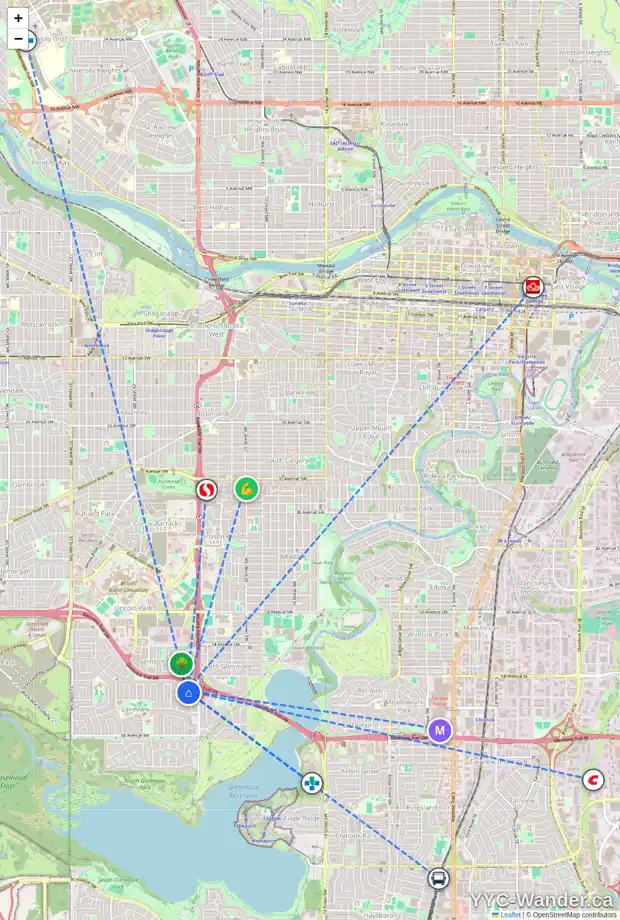Daily accessibility map for 6119 LACOMBE WY SW, Calgary showing nearby schools, grocery stores, parks, LRT stations and nearby amenities