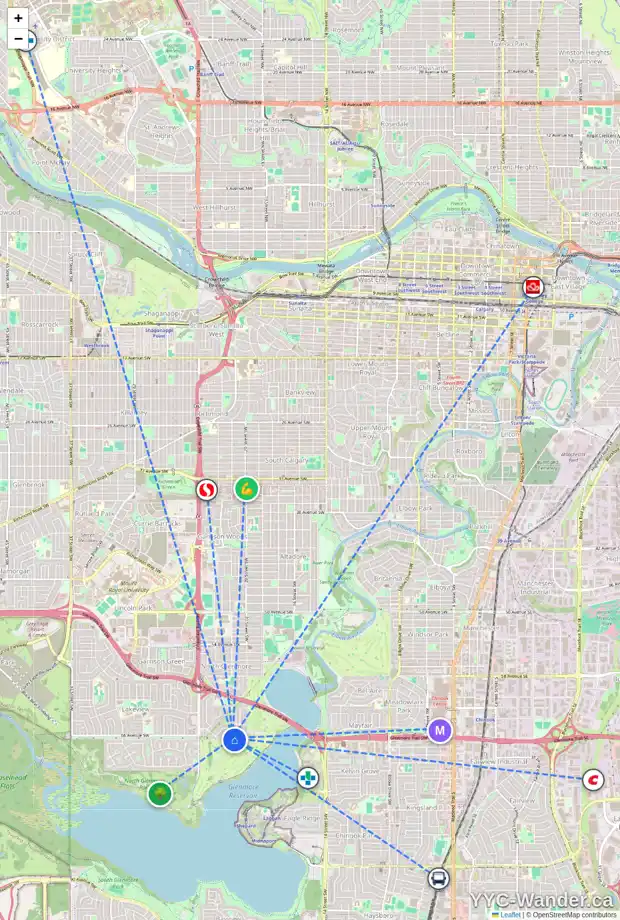 Daily accessibility map for 2331 LONGRIDGE DR SW, Calgary showing nearby schools, grocery stores, parks, LRT stations and nearby amenities