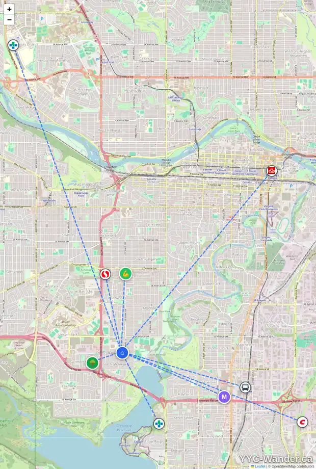 Daily accessibility map for 2128 54 AV SW, Calgary showing nearby schools, grocery stores, parks, LRT stations and nearby amenities