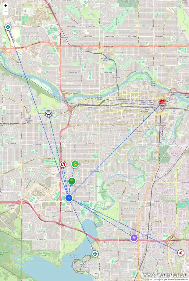 Daily accessibility map for 4924 21A ST SW, Calgary showing nearby schools, grocery stores, parks, LRT stations and nearby amenities