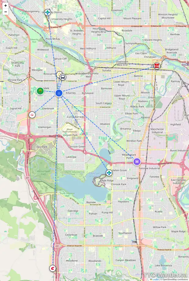 Daily accessibility map for 2439 36 ST SW, Calgary showing nearby schools, grocery stores, parks, LRT stations and nearby amenities