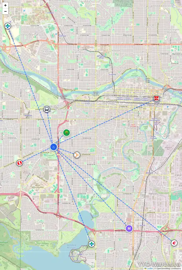 Daily accessibility map for 3035 25 ST SW, Calgary showing nearby schools, grocery stores, parks, LRT stations and nearby amenities
